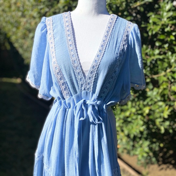 NWT Light Blue V Neck Maxi Dress with Lace Trim - Picture 2 of 5